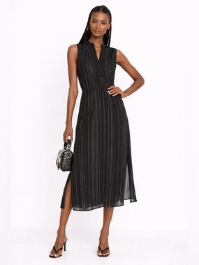 VINCE x Revolve Drapey Stripe Tiered Midi Dress | Black‎ Pinstripe Minimialist 0